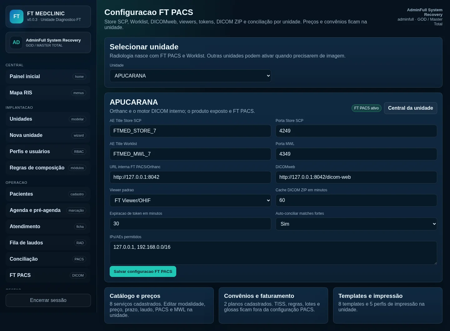 FT PACS com configuração técnica