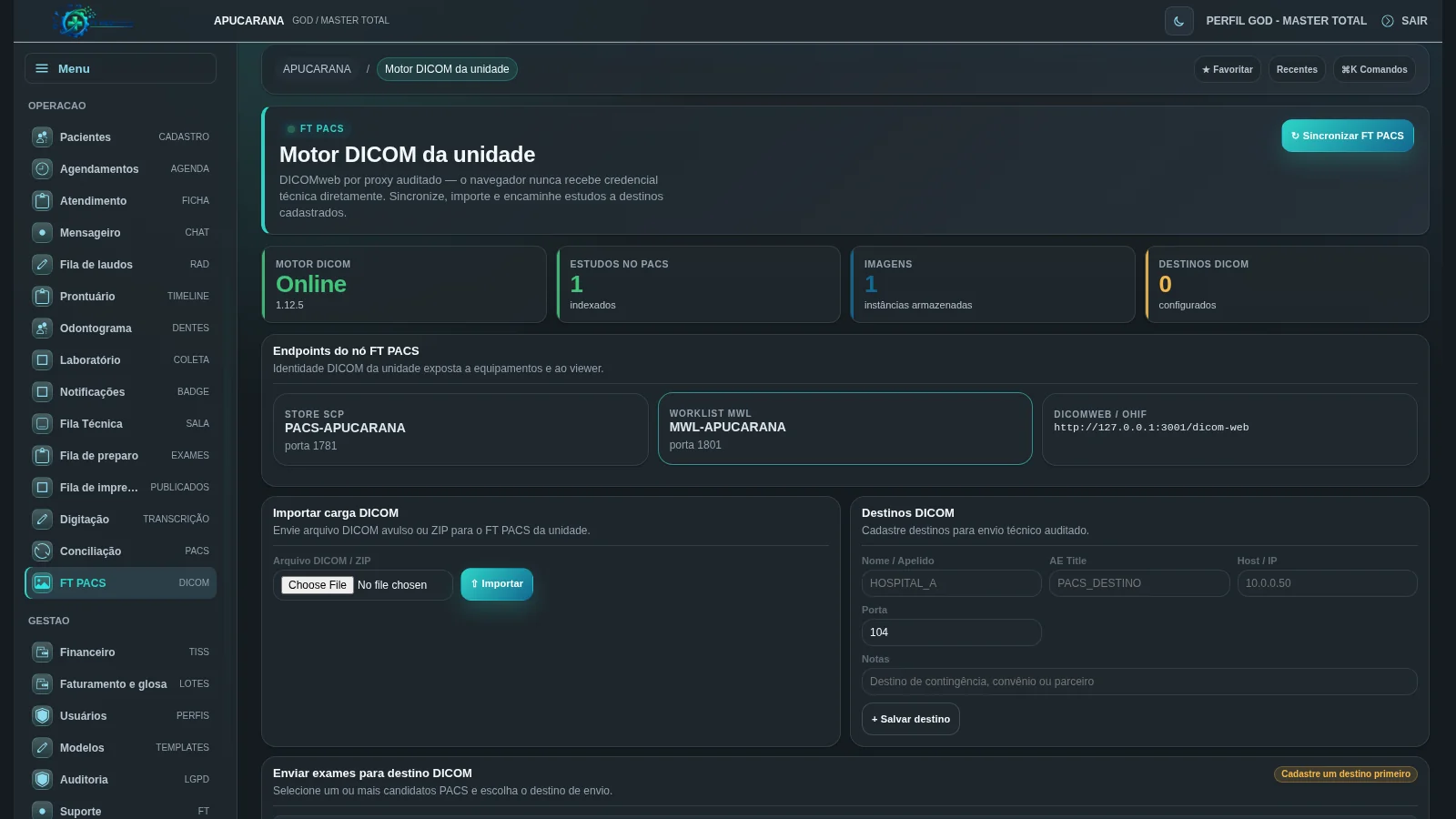 Tela de configuração e rotina PACS da FT MEDVISION